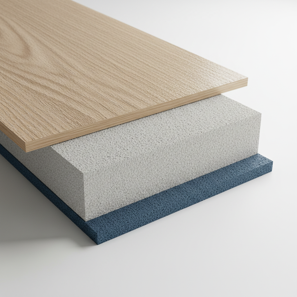 Cross-section view of a high-quality SPC plank showing the rigid core and integrated padding layers