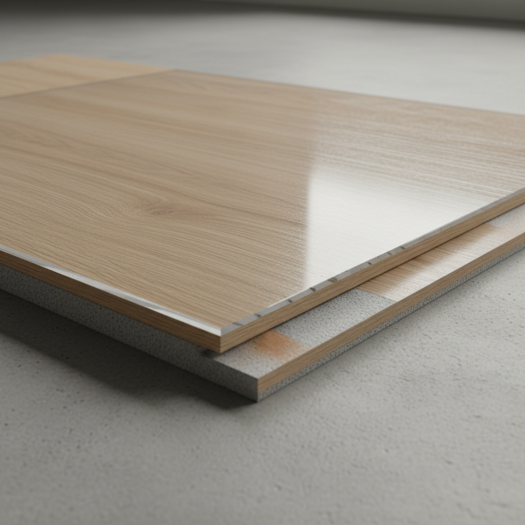 Close-up detail of a 20-mil wear layer on a light gray wood-look vinyl plank showcasing the realistic texture
