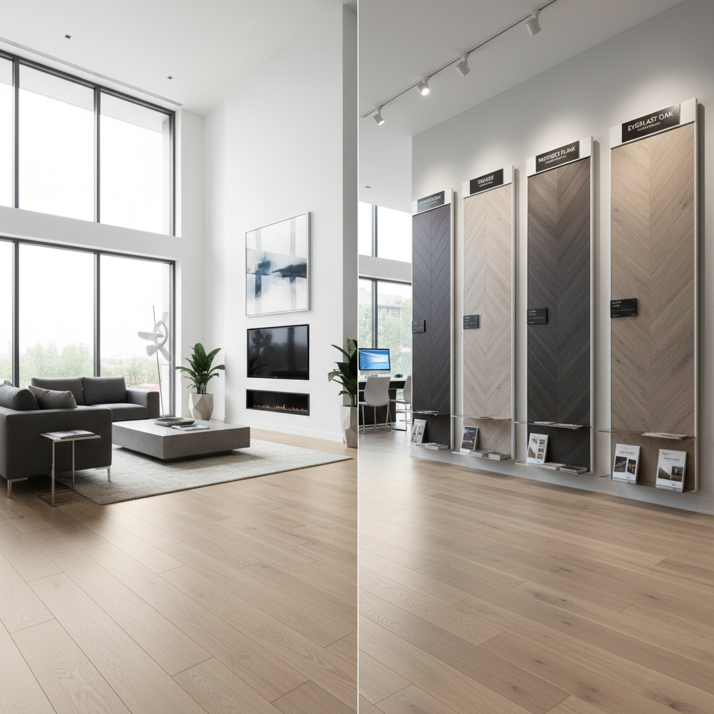 Professional flooring display in a showroom featuring large format samples and design consultation area