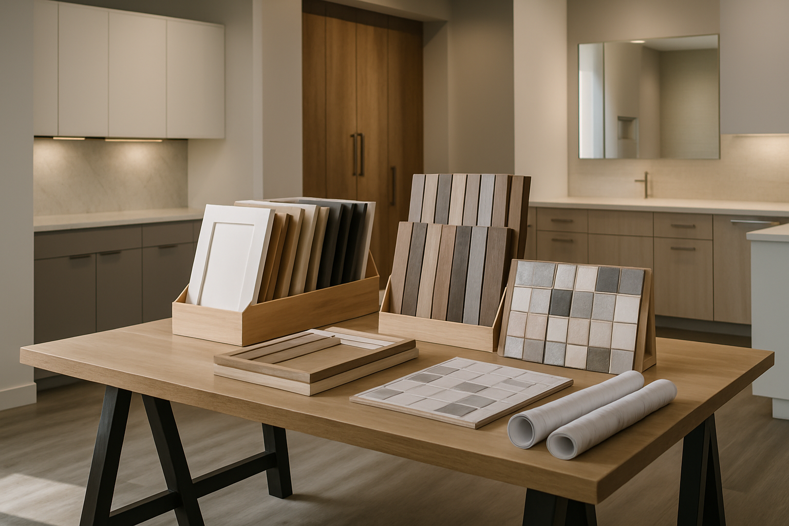 Organized contractor selection area with cabinet doors flooring and tile samples