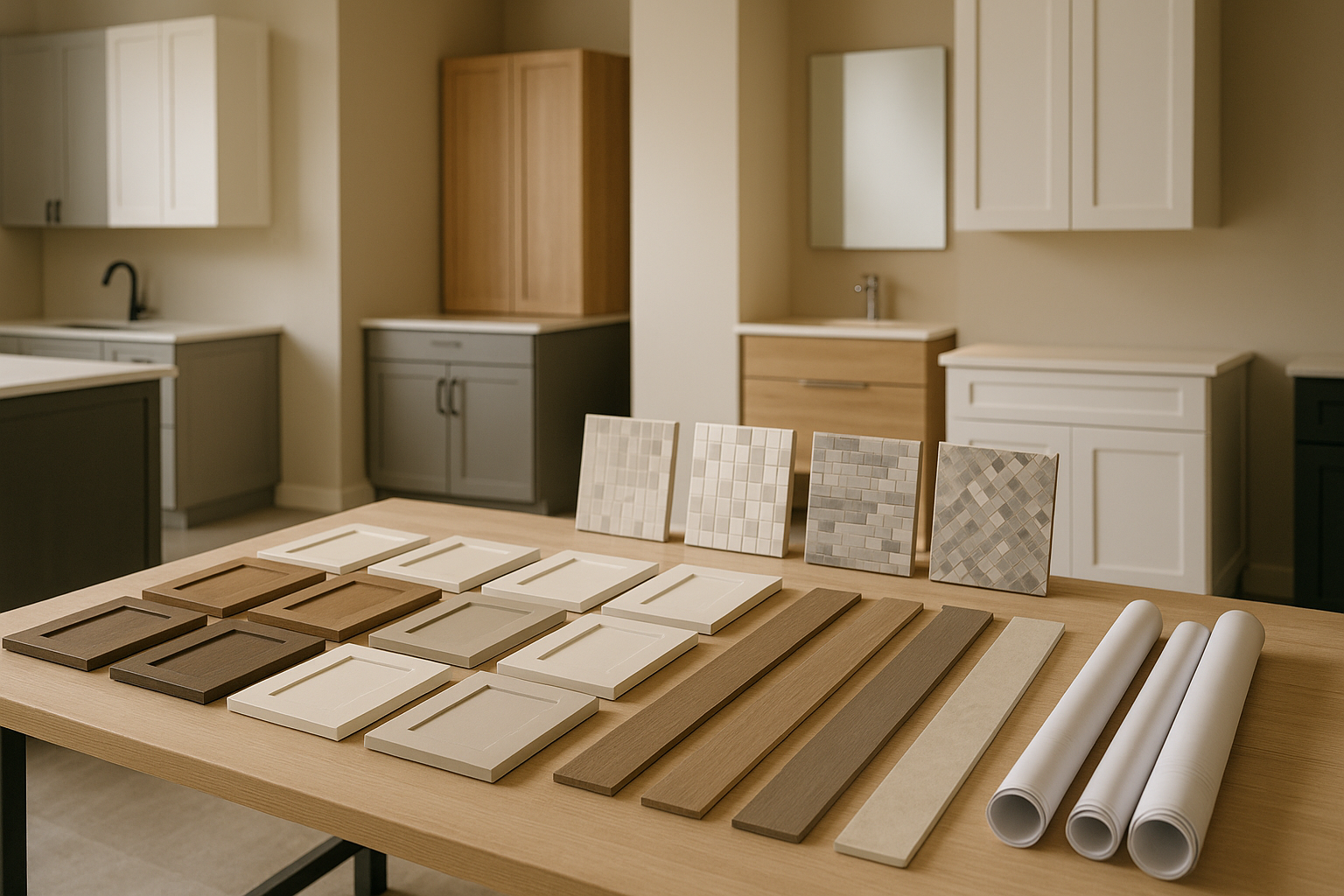 Cabinet finish samples arranged with project plans and measuring tape