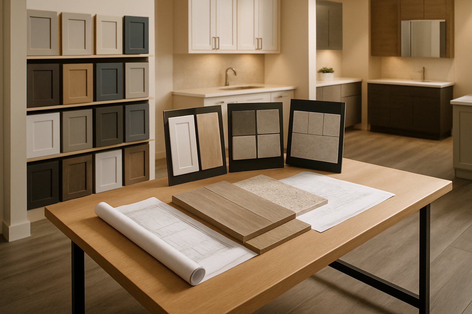 Waterproof flooring planks tile samples and cabinet doors layered together