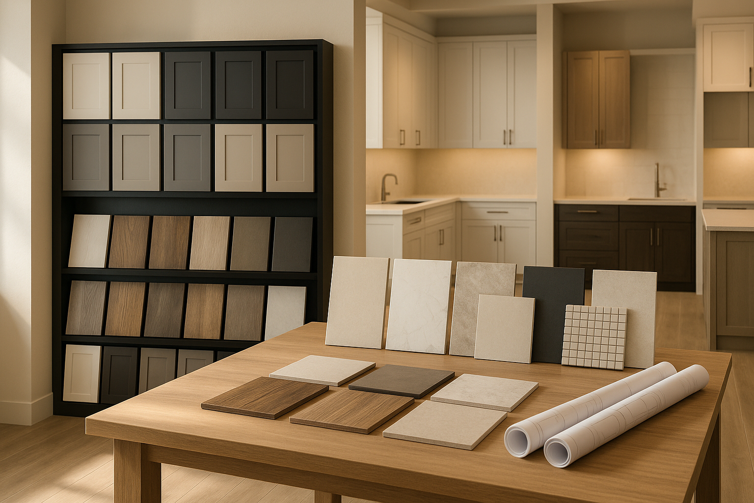 Neatly organized renovation material palettes for rental and owner projects
