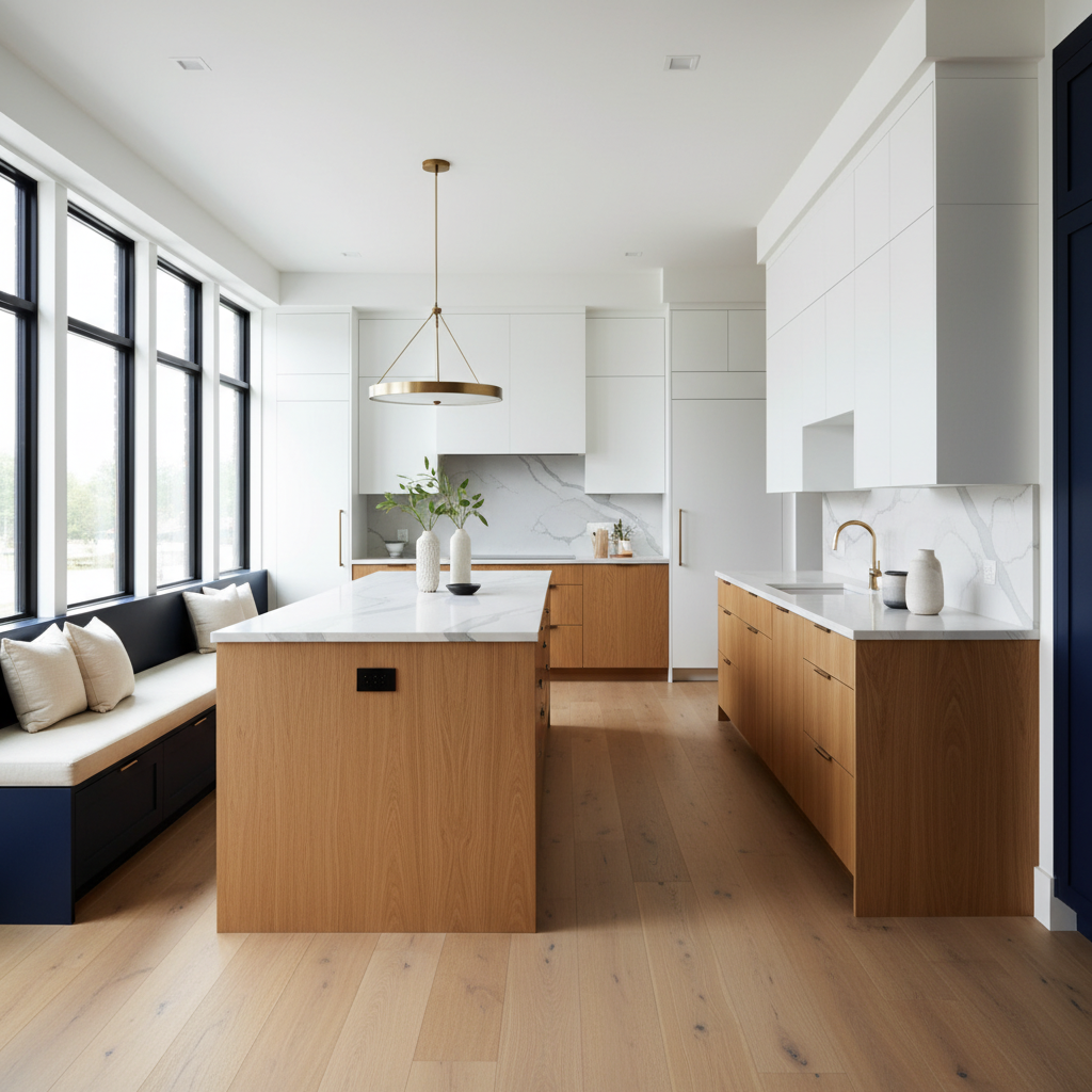 Modern kitchen featuring light wood flooring meeting dark navy blue cabinetry with gold hardware