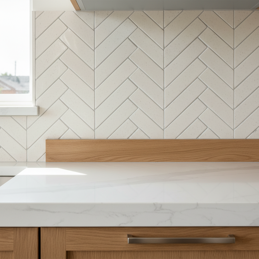 Detail shot of a white herringbone tile backsplash meeting a grey quartz countertop