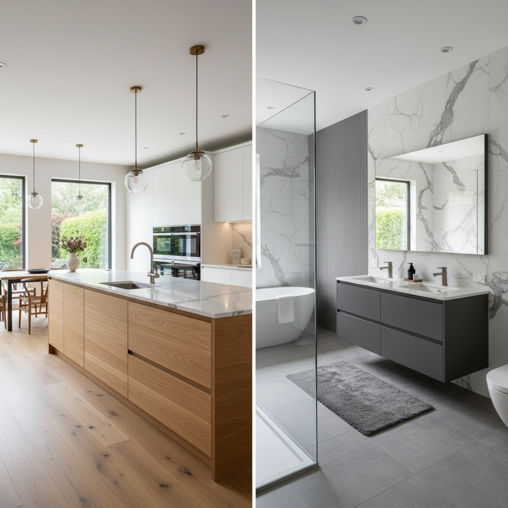 A wide-angle view of a bathroom remodel showing a grey vanity, marble-look tile, and matte black fixtures