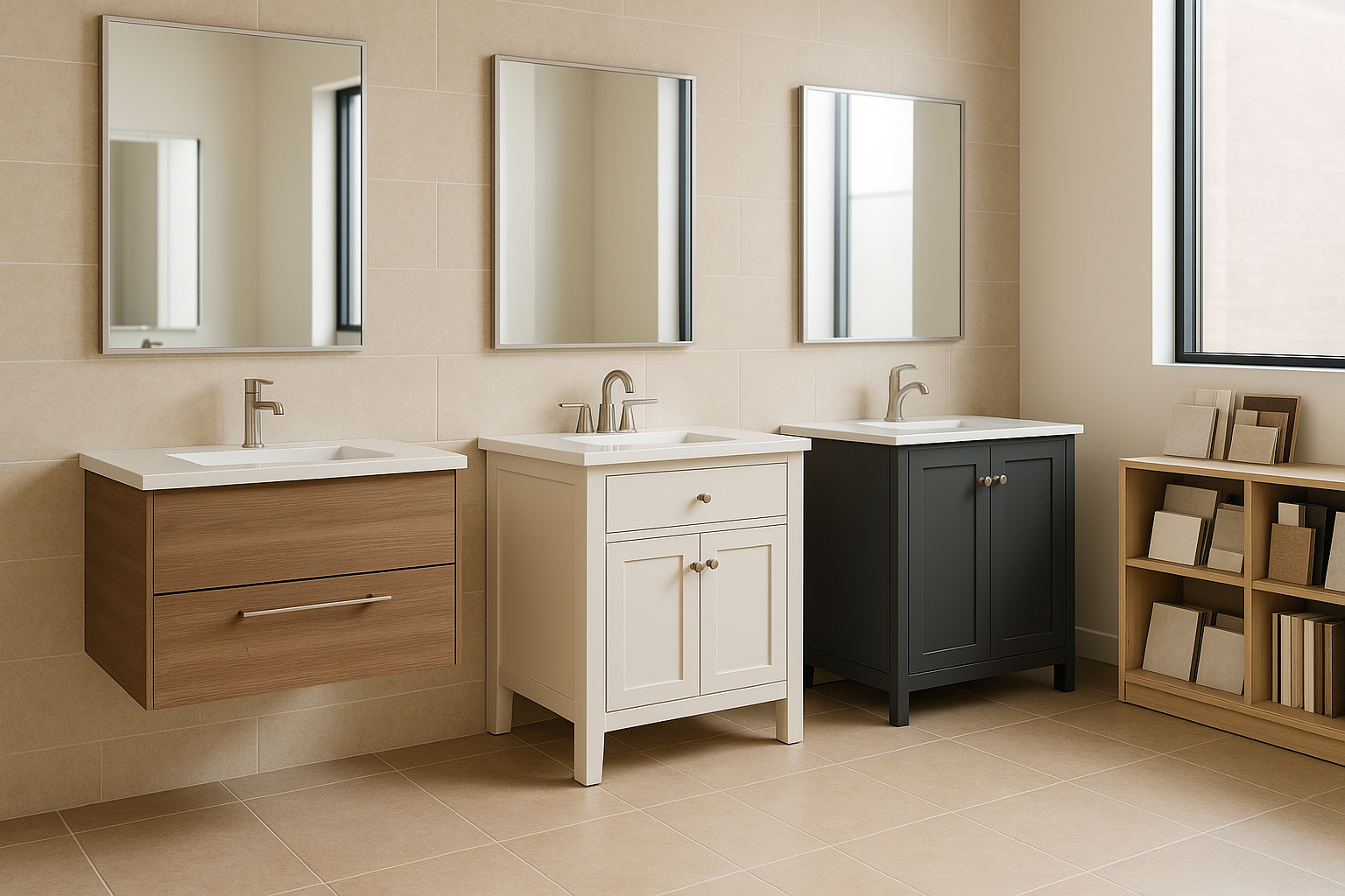 Bathroom vanity showroom display with multiple sizes and finishes