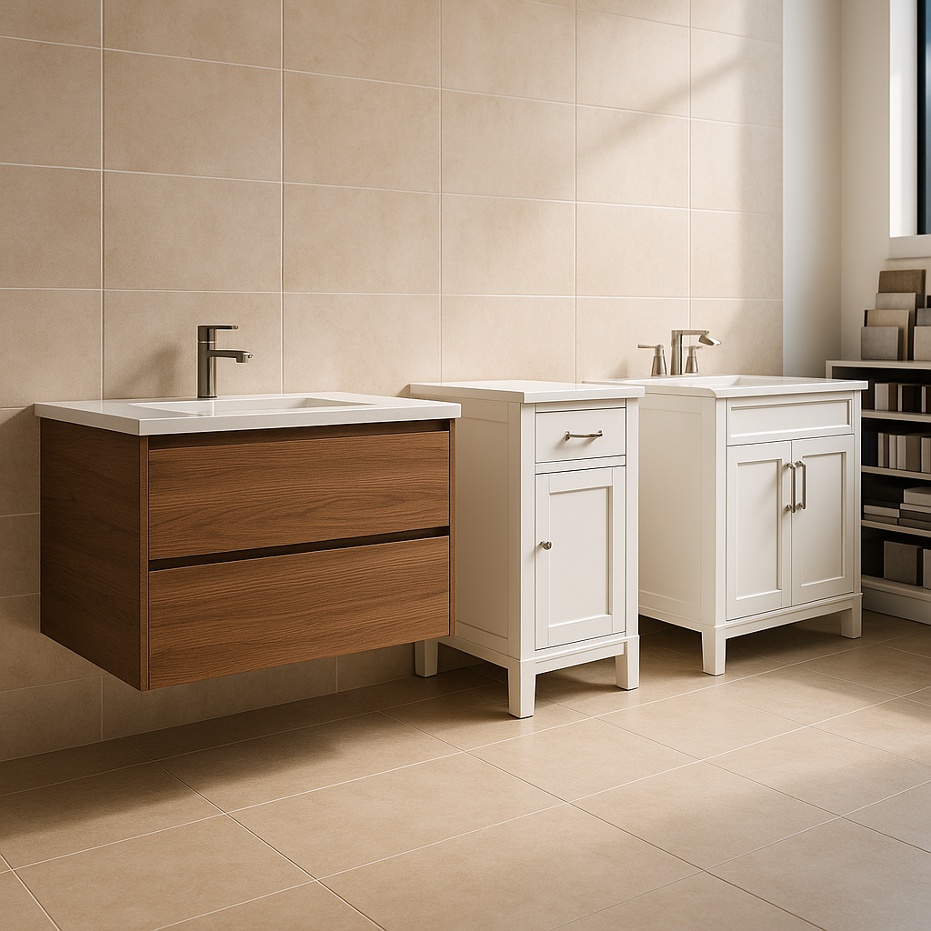 Floating bathroom vanity with wood finish and wall tile