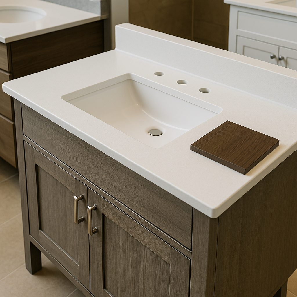 Integrated vanity top with sink and faucet holes in showroom