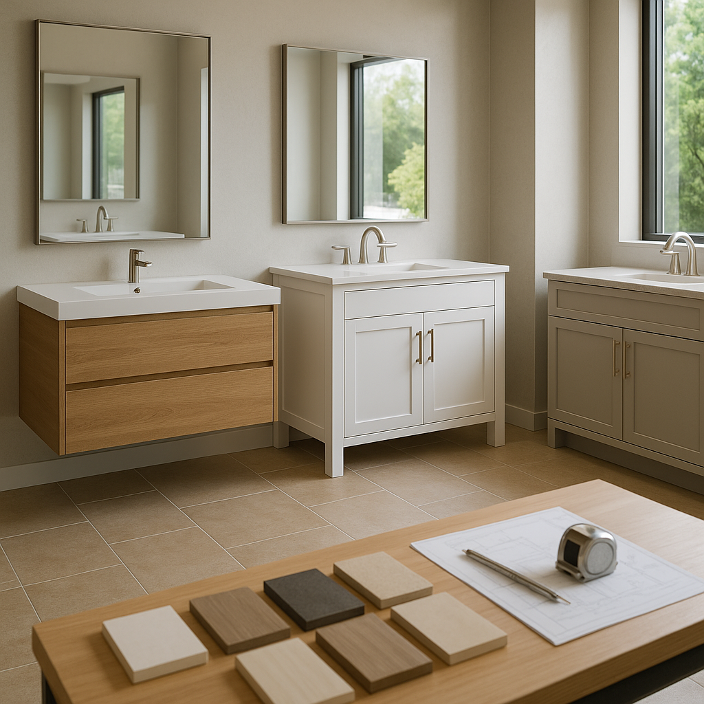 Contractor reviewing vanity finish samples in a bathroom showroom