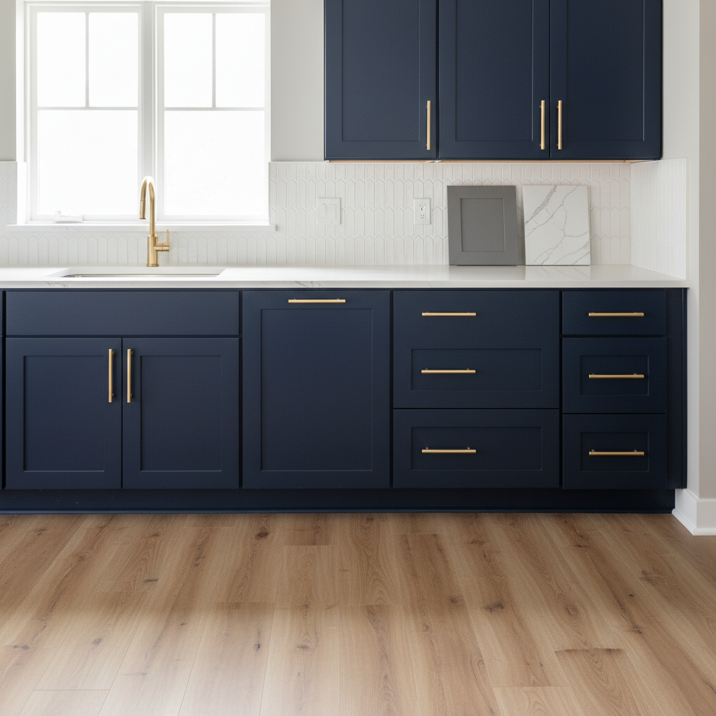 A sample board showing a grey shaker cabinet door, white quartz, and light wood flooring