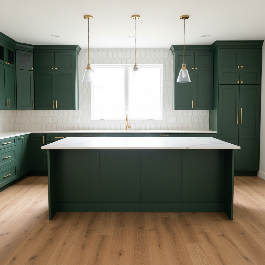 Modern kitchen featuring dark green cabinets and light wood flooring with gold hardware