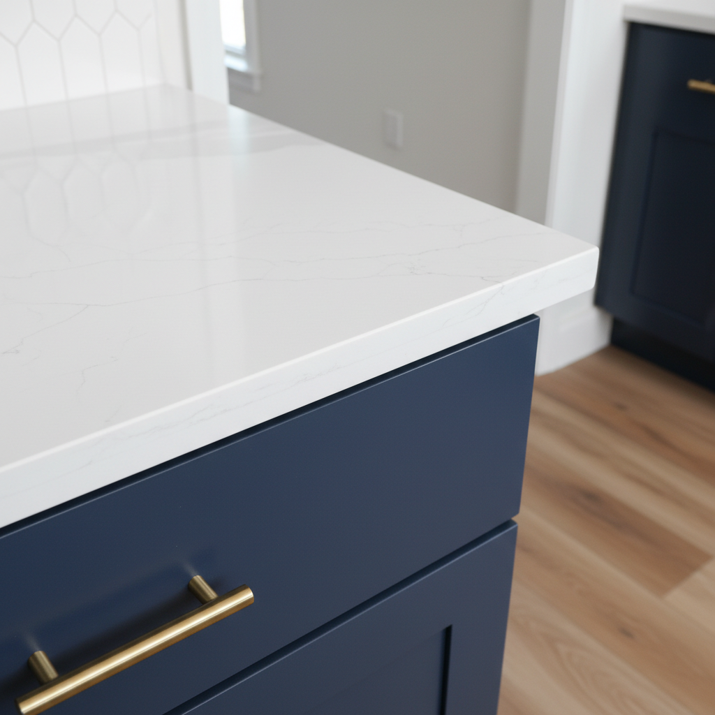 Close up of a pre-fabricated quartz countertop edge showing a clean mitered finish