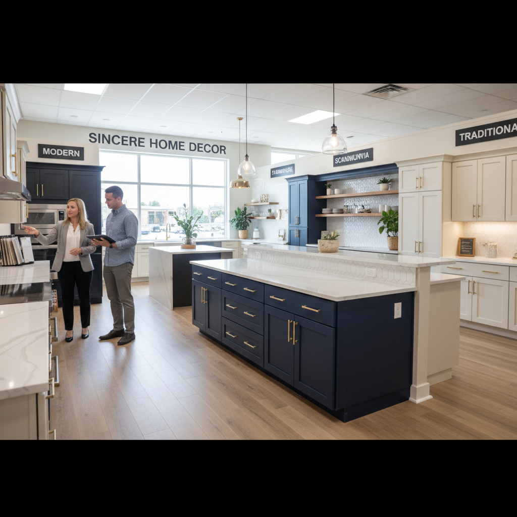 A contractor discussing kitchen plans with a consultant in a well-lit showroom