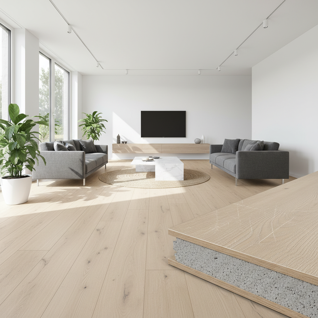 Detailed cross-section of a waterproof SPC flooring plank showing the stone-based core and wear layer.