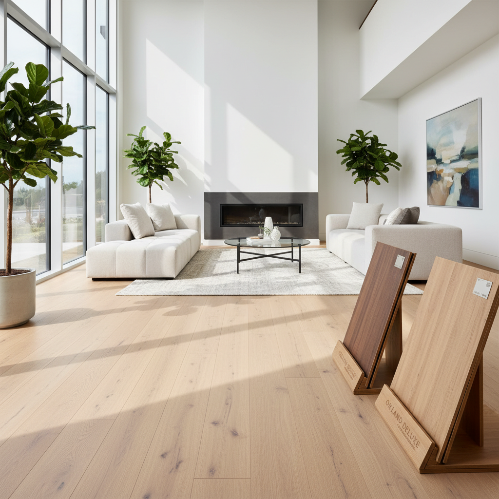Close-up of various wide-plank flooring samples in a showroom display at the Oakland Deluxe location.