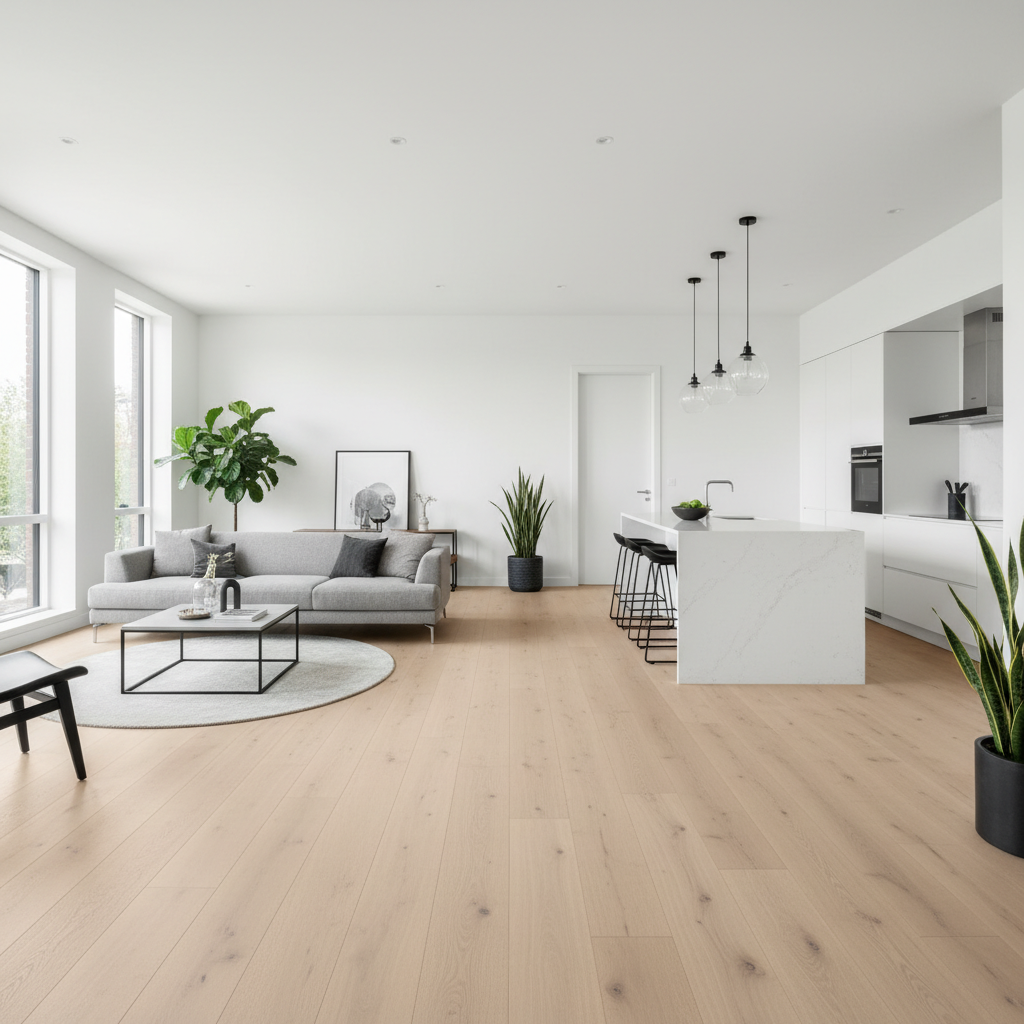 A clean, modern kitchen renovation featuring light wood-look flooring and white shaker cabinets.