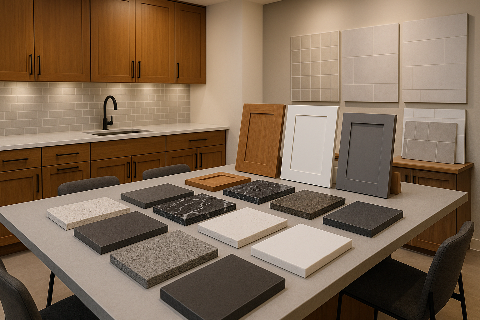 Prefab countertop samples displayed with cabinet and tile finishes