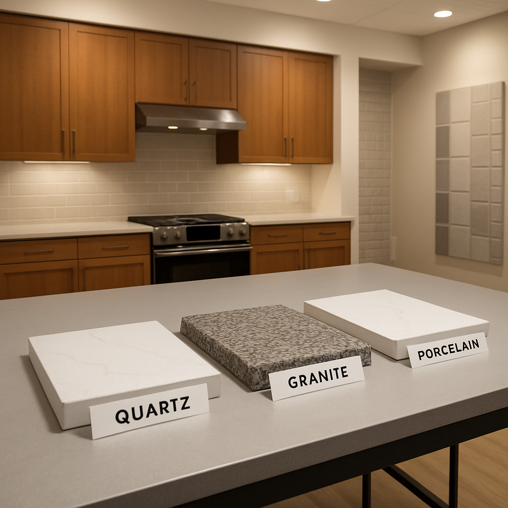 Quartz granite and porcelain countertop samples compared side by side