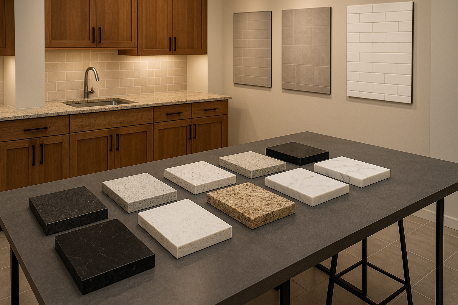 Granite prefab countertop paired with warm wood cabinets