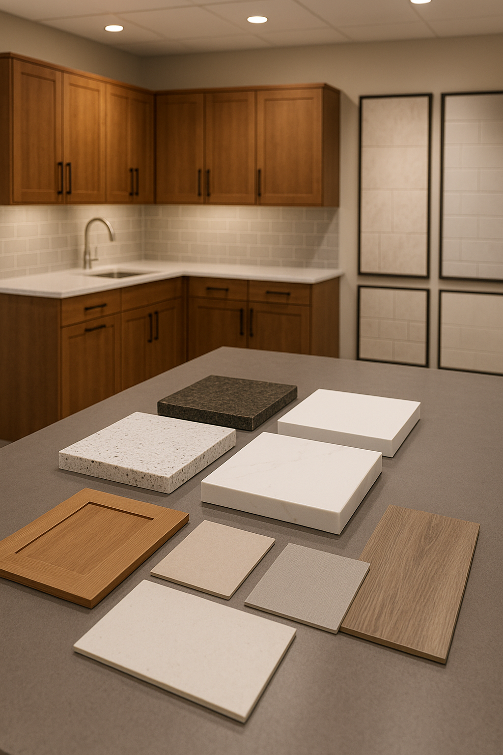 Countertop cabinet tile and flooring samples arranged for selection