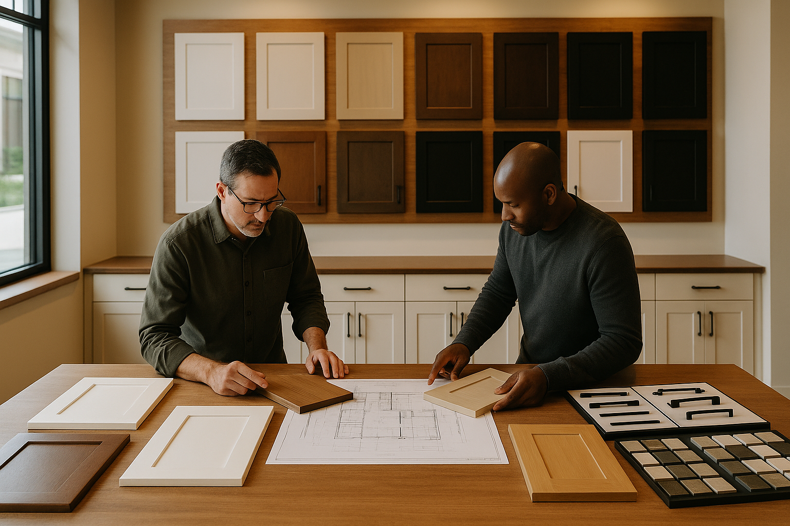 Contractor reviewing cabinet samples and plans in a Bay Area showroom
