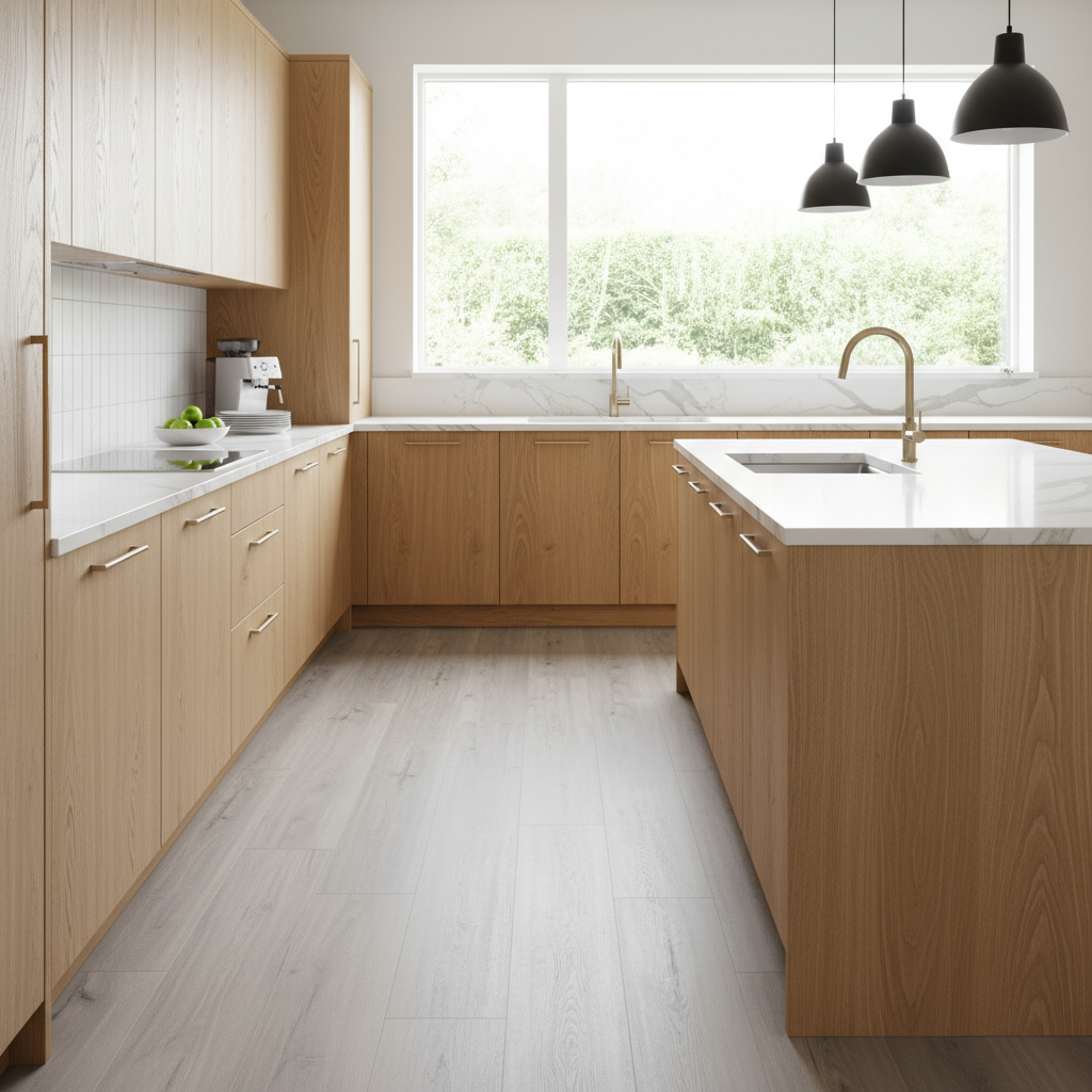 Modern wide-plank light oak waterproof flooring installed in an open-concept kitchen and living area.