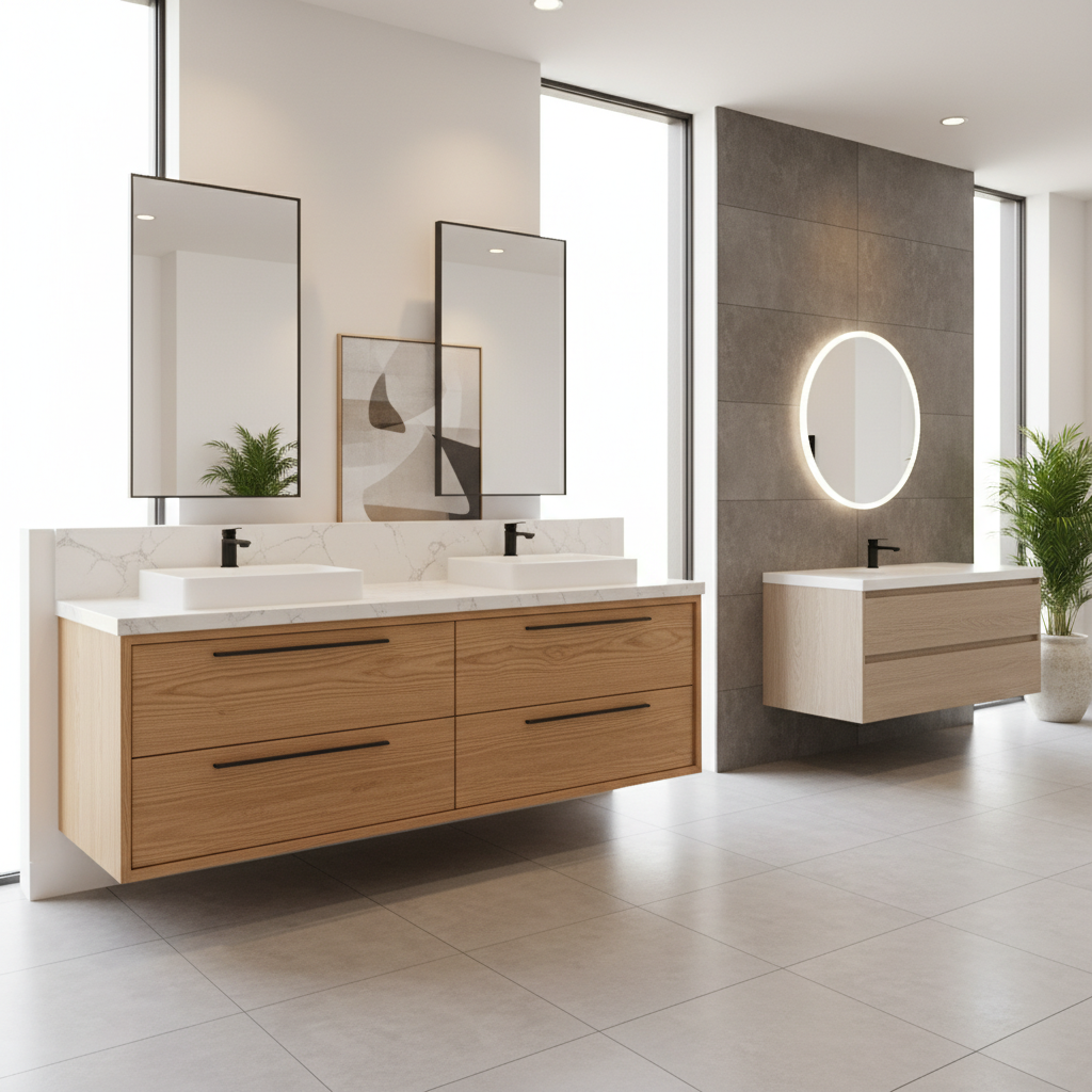 Modern 48-inch floating vanity in a light wood finish installed in a contemporary bathroom.