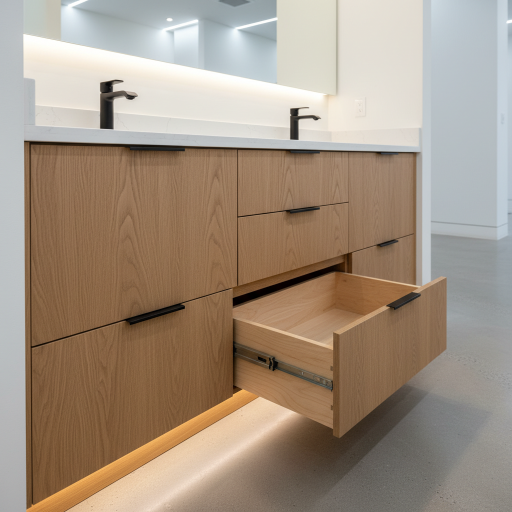 Interior view of a vanity cabinet showing solid wood dovetail drawer construction and soft-close glides.