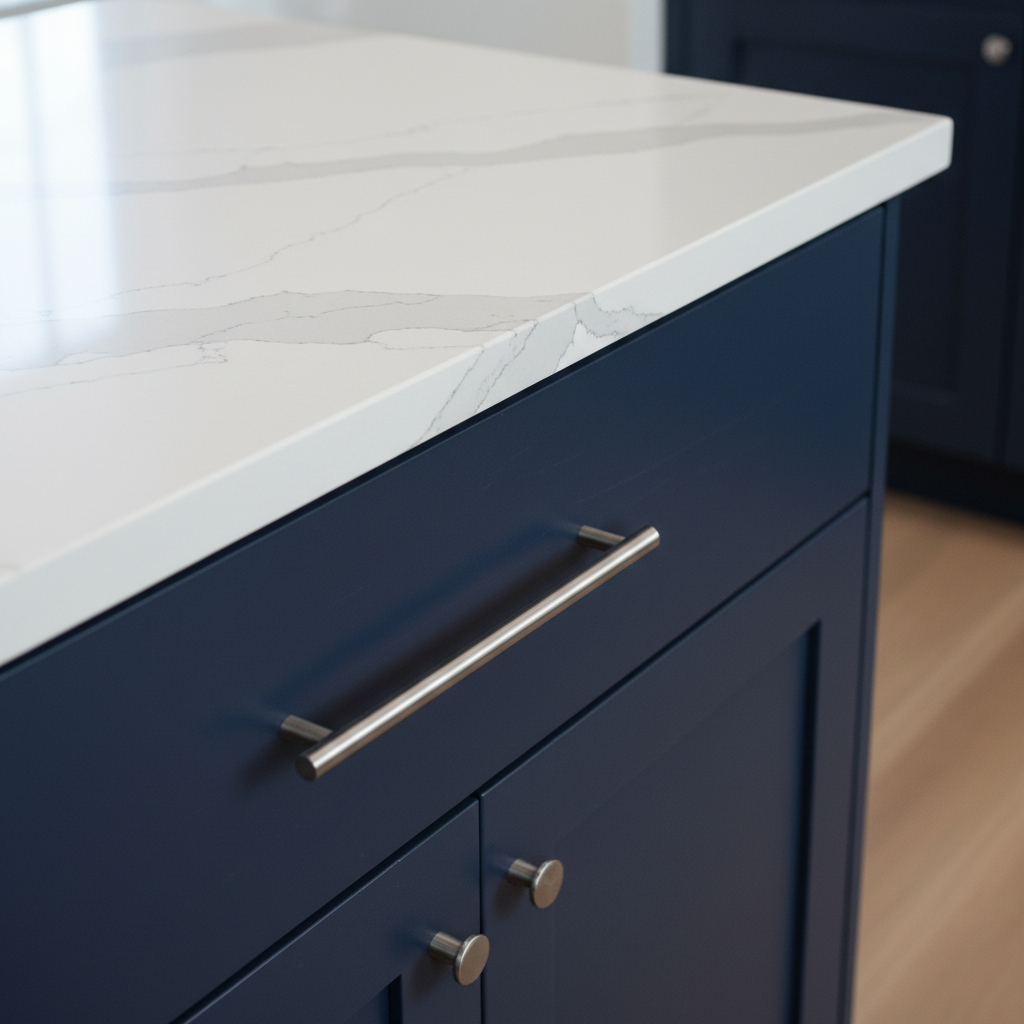 Close-up of white quartz countertop with grey veining paired with navy blue shaker cabinets.