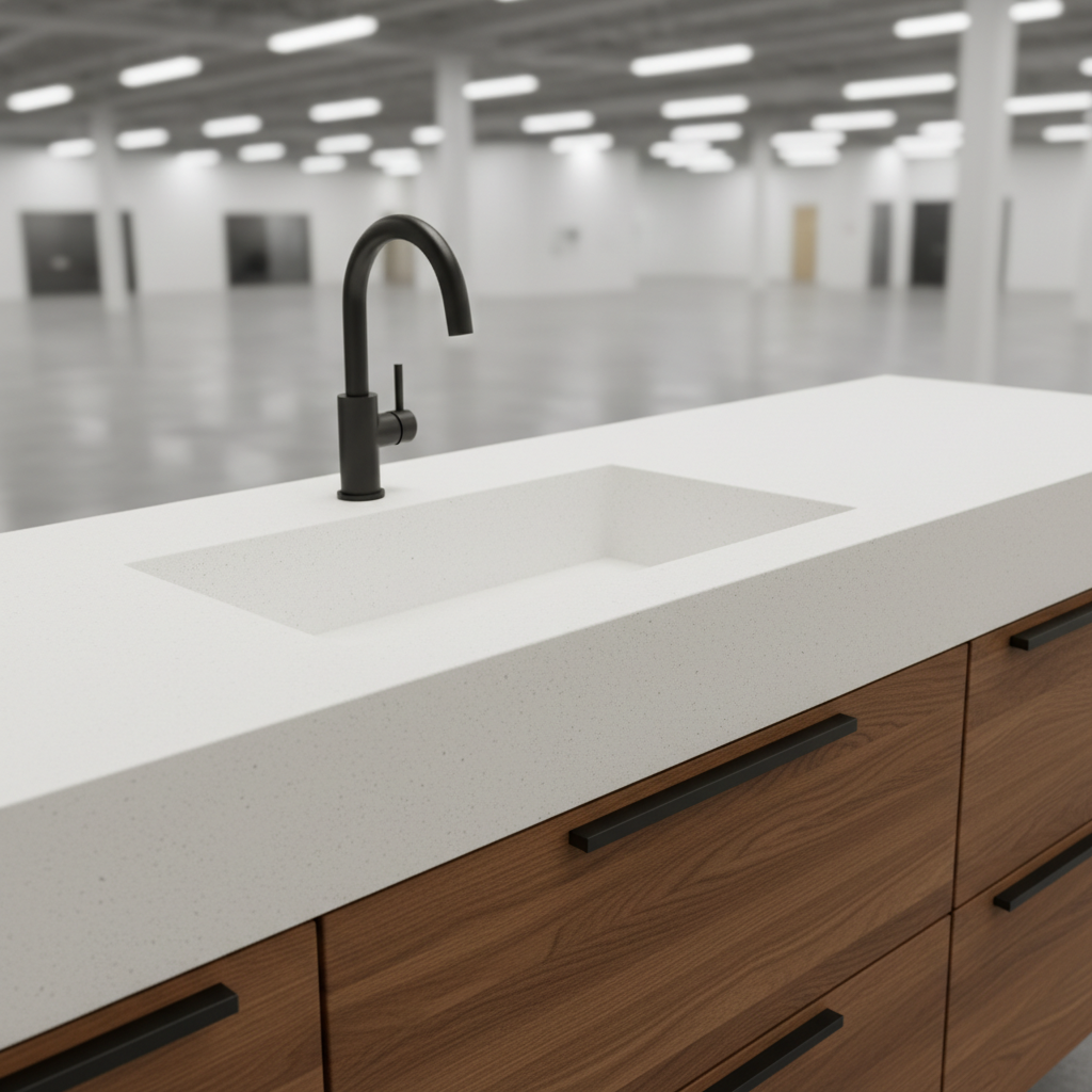 Close-up of a white sintered stone integrated sink and countertop with a matte black faucet.