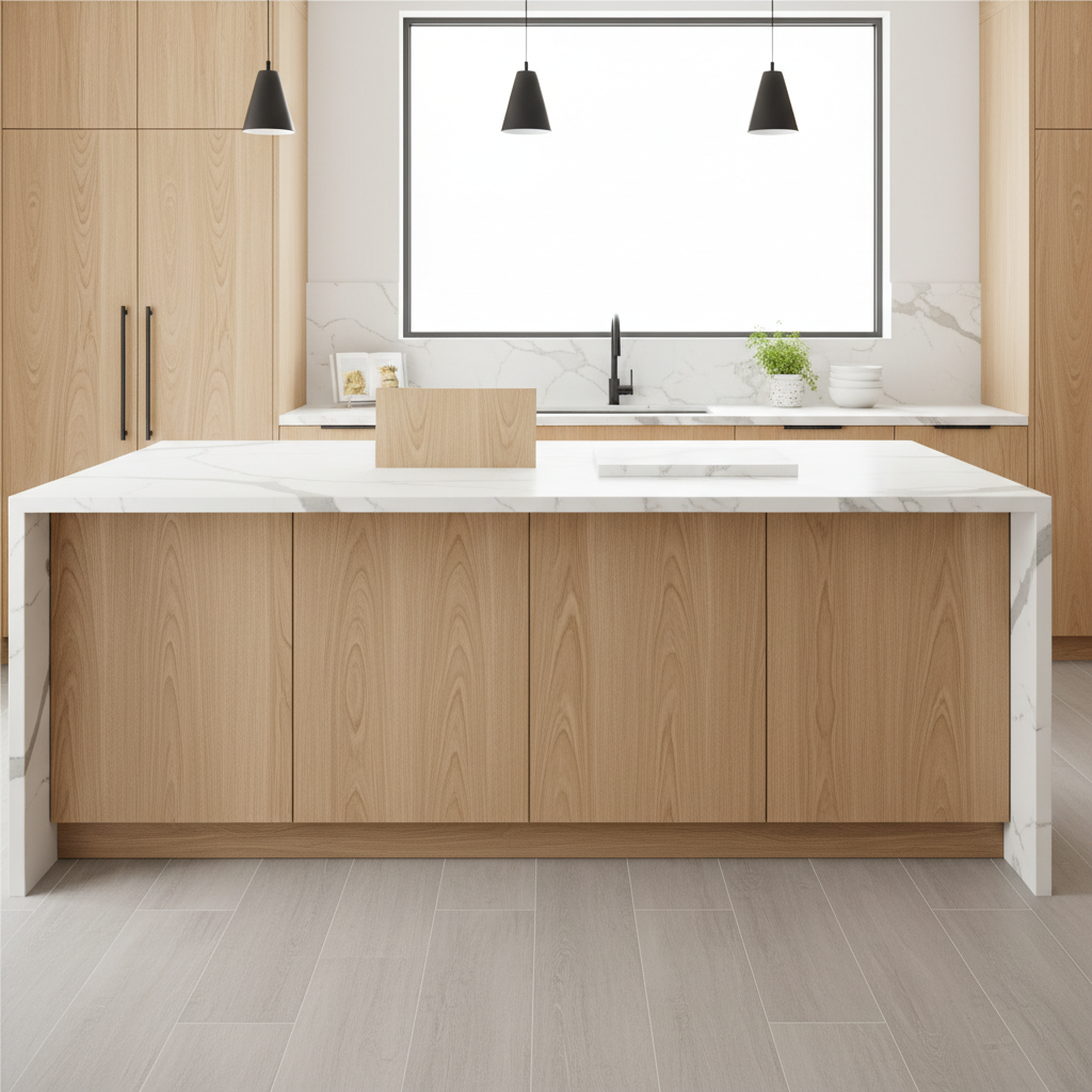 Showroom display featuring a mix of wood textures, stone samples, and cabinet door styles.