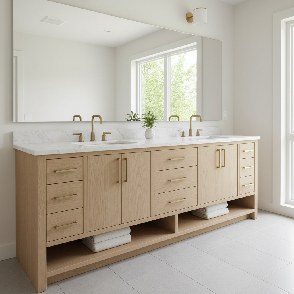 A large double-sink vanity with gold hardware in a master bathroom featuring large format floor tiles.