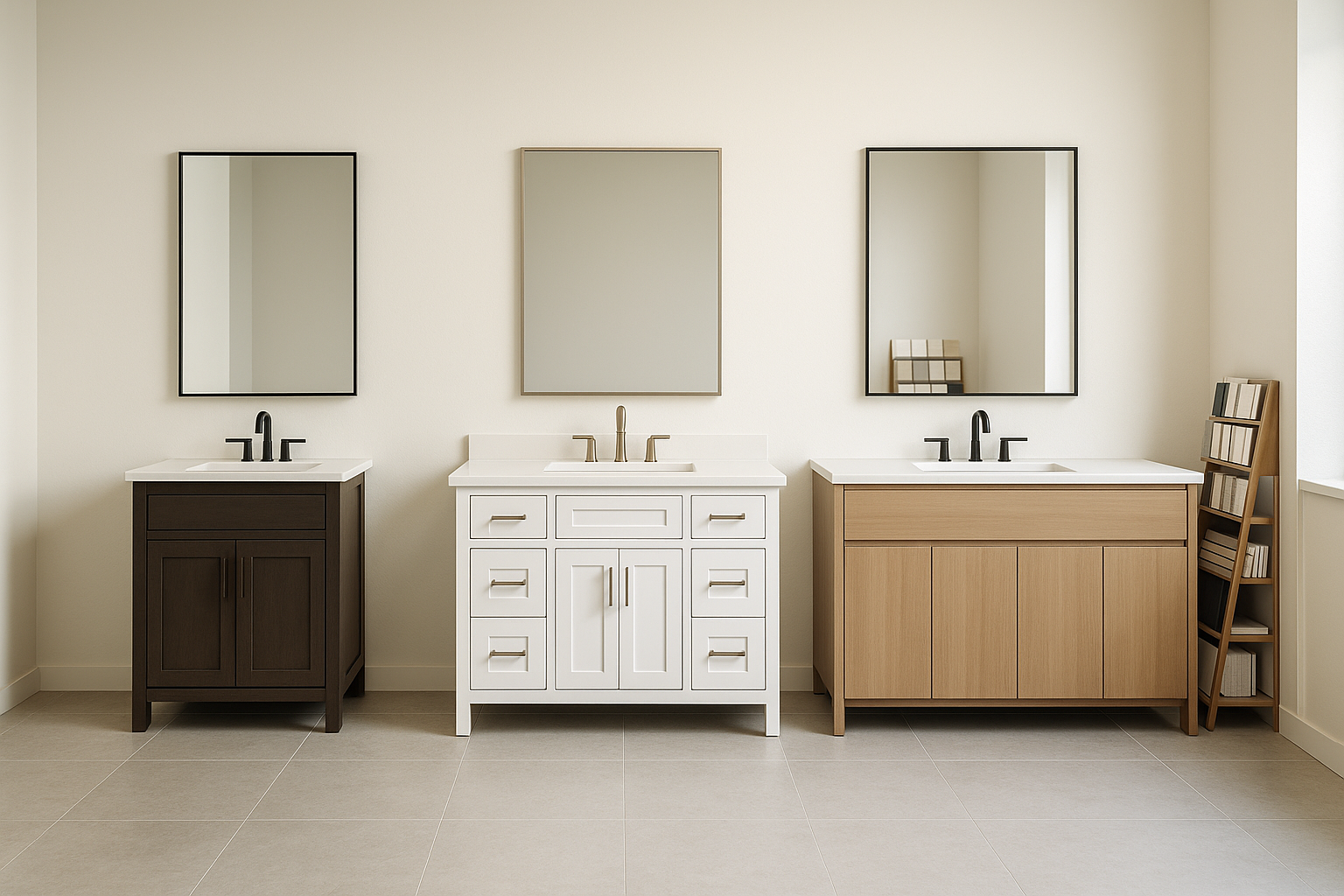 Bathroom vanity displays in several widths at a Bay Area showroom