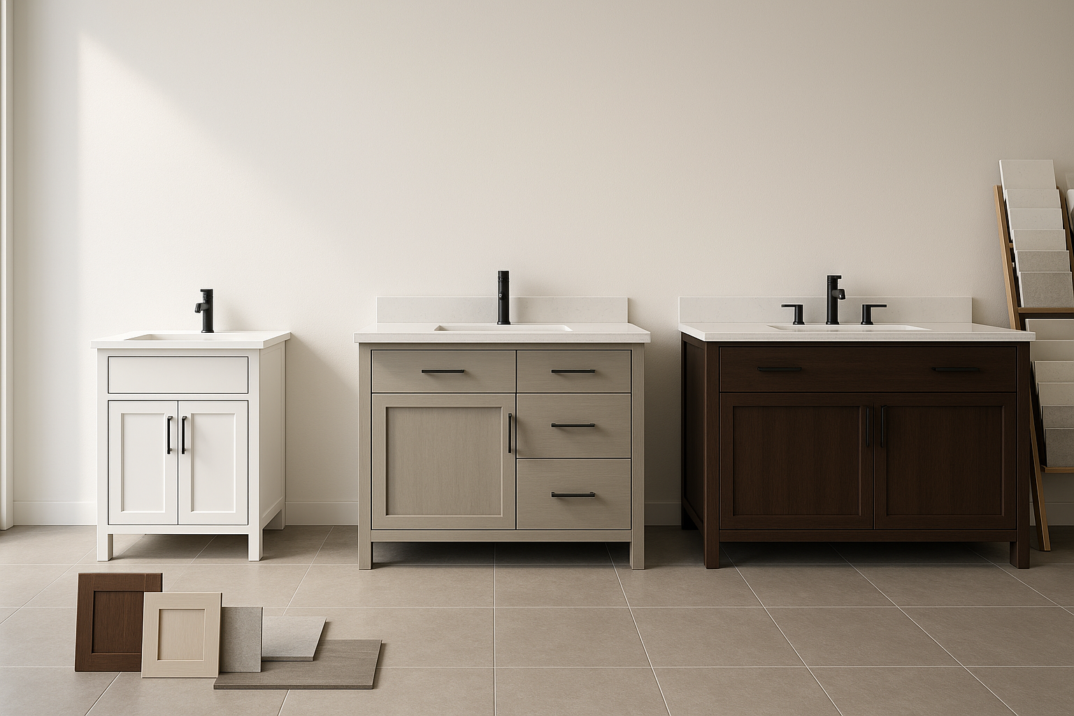 Bathroom vanity finish samples with tile and waterproof flooring