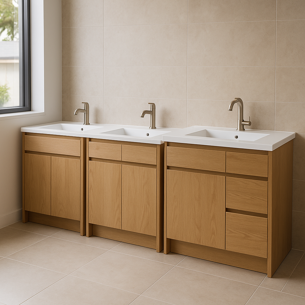 Bathroom vanity display with multiple cabinet sizes and integrated tops