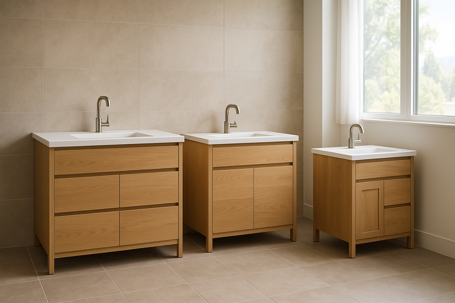 Close-up of vanity door samples, drawer construction, and bathroom cabinet finishes
