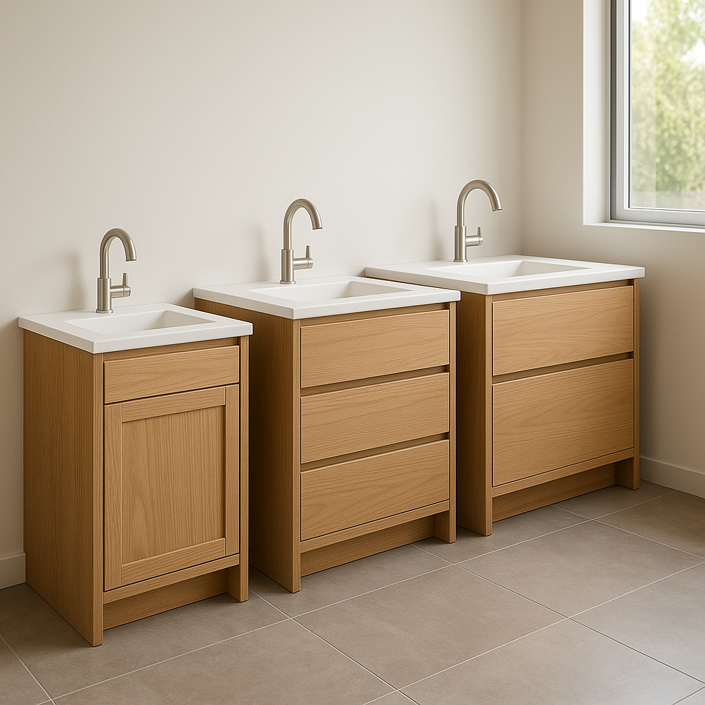 Bathroom vanity drawer opened to show plumbing clearance and storage layout