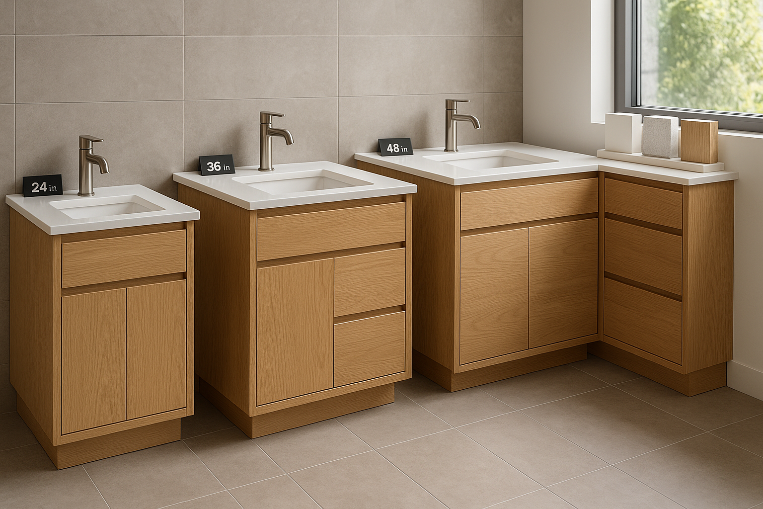 Designer and contractor reviewing bathroom vanity samples in showroom
