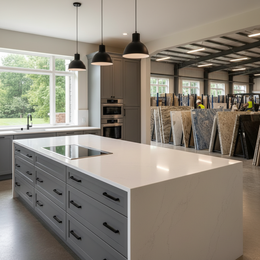 A wide selection of prefabricated quartz and granite countertop slabs displayed in a professional warehouse setting.