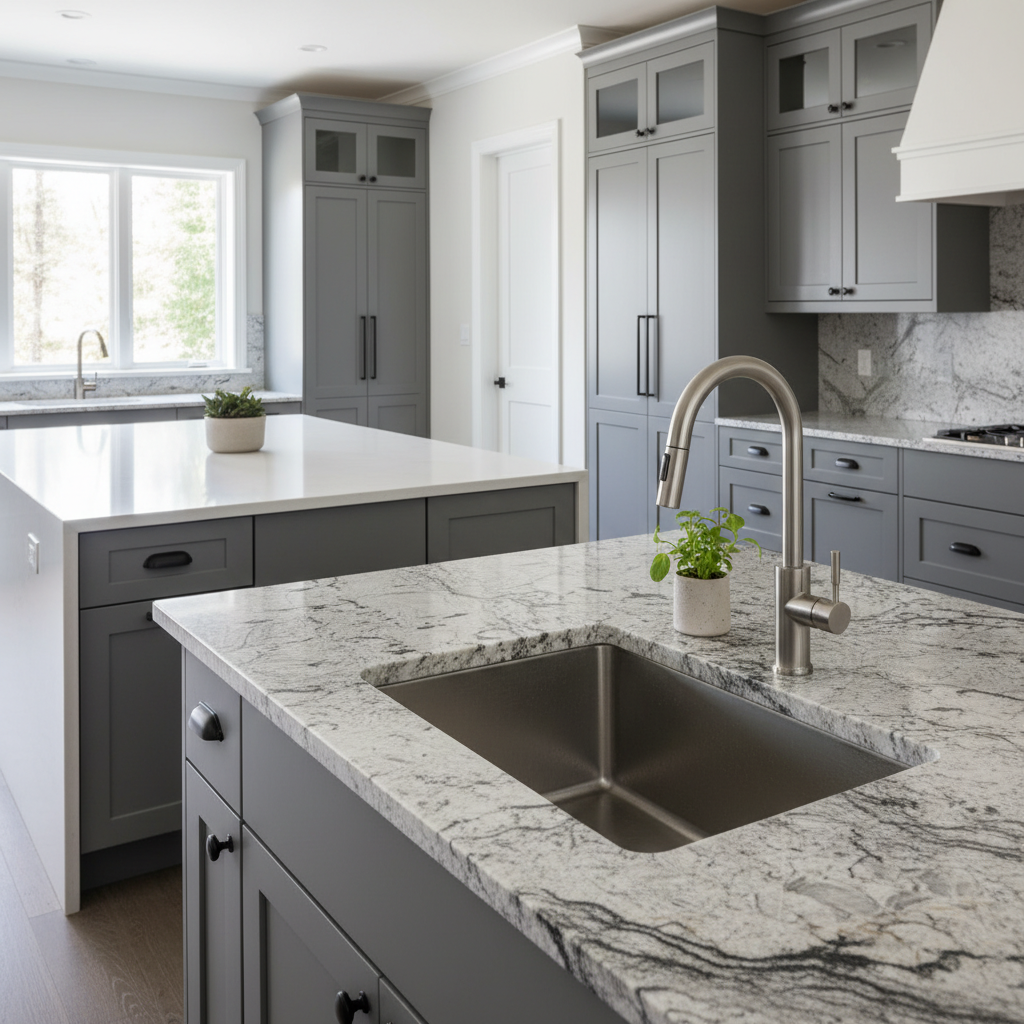 Close-up of a granite countertop with natural veining paired with a high-end stainless steel undermount sink.
