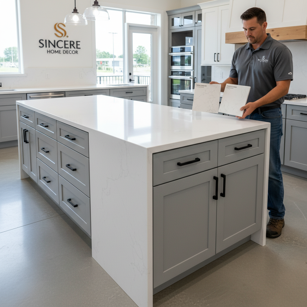 A contractor comparing different countertop samples against a cabinet door in a Sincere Home Decor showroom.