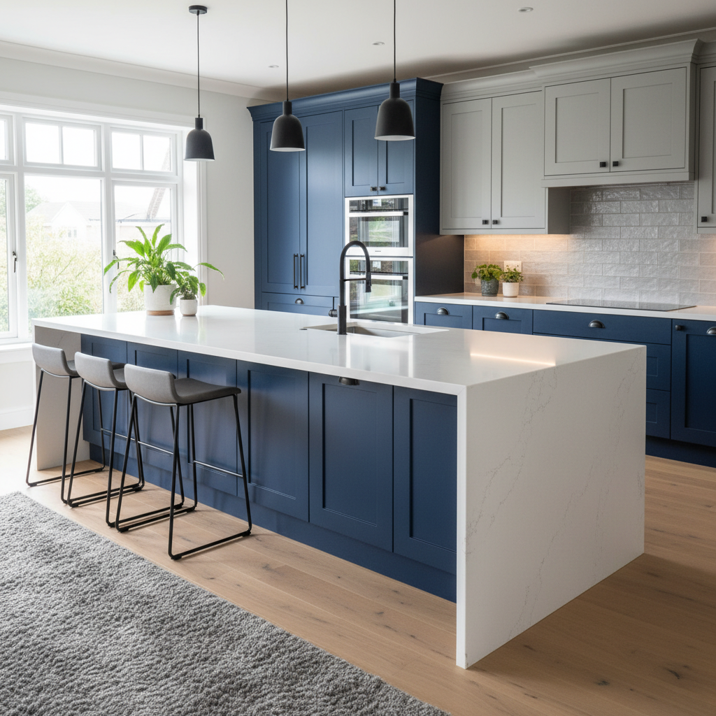 A modern kitchen design showing the harmony between white quartz countertops and navy blue cabinetry.