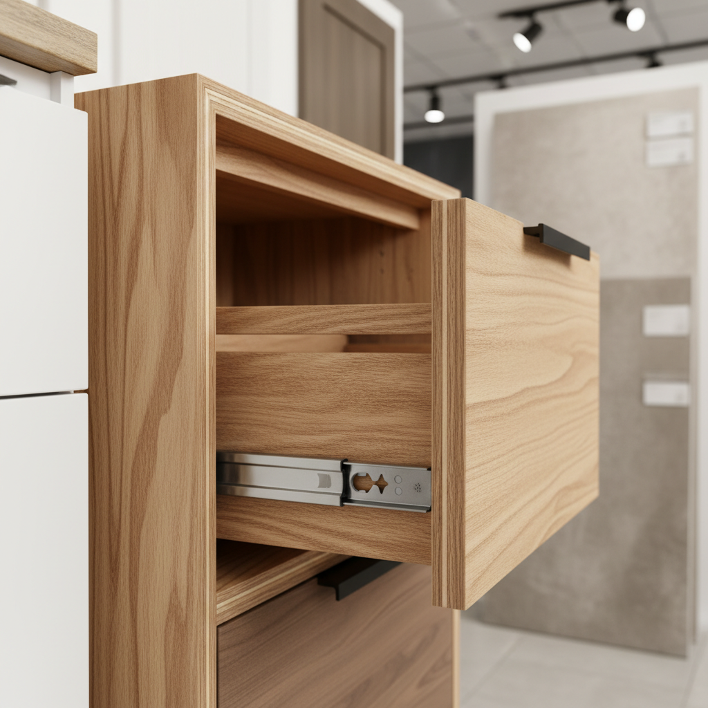 Cross-section of a plywood vanity cabinet showing multi-layered construction and soft-close drawer slides.