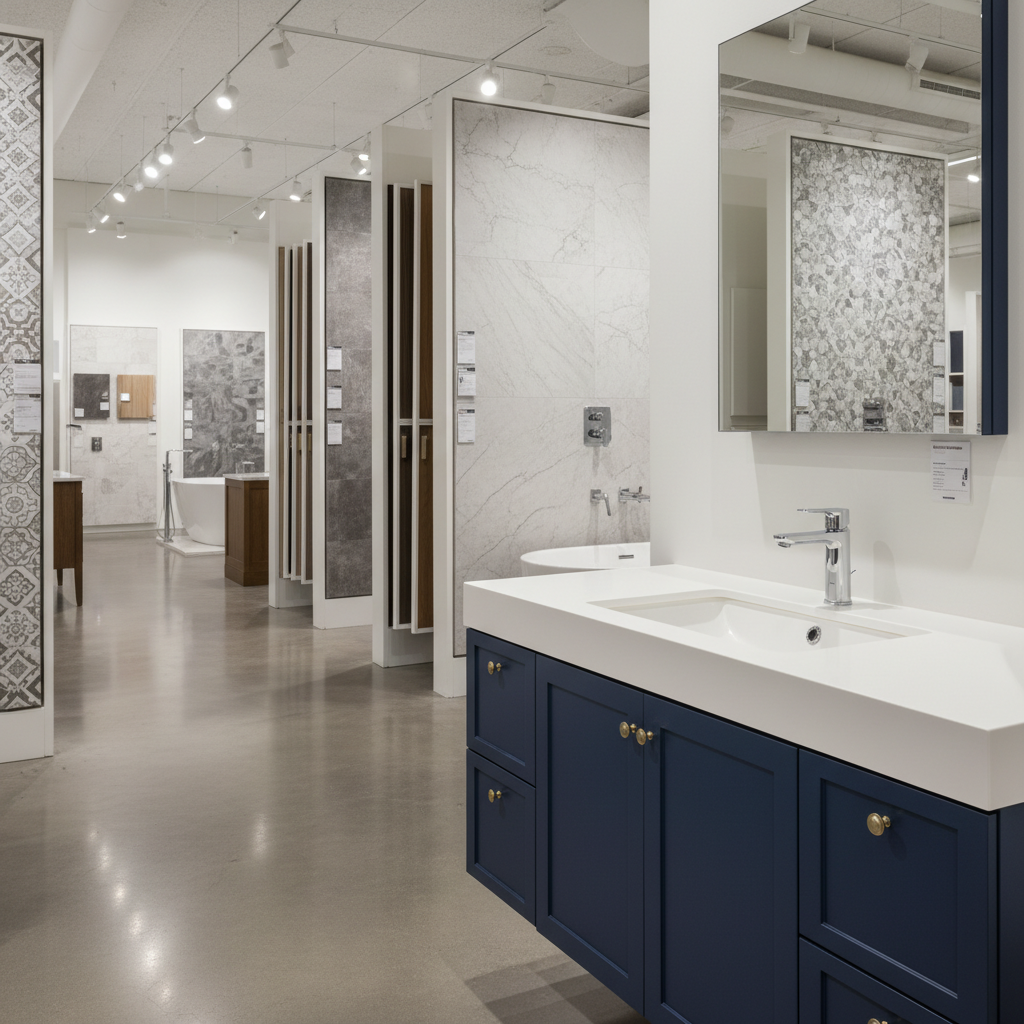 Modern navy blue vanity with a white integrated ceramic top and a single-hole faucet installation.