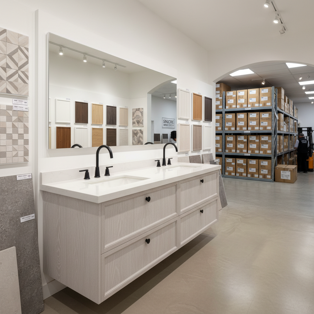 Interior view of a Sincere Home Decor warehouse showing rows of organized vanity boxes ready for pickup.